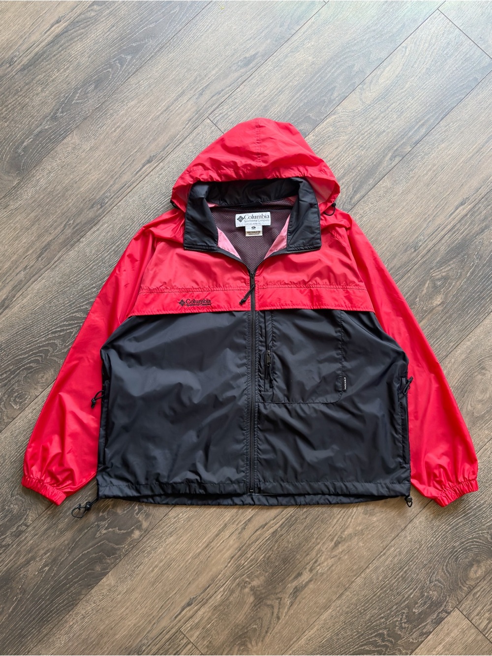 Columbia Men’s XL Windbreaker Jacket Red Black Nylon Packable Hood Vintage 90s
